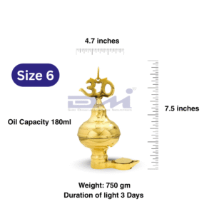 DMI’s Brass Nandadeep Akhanda Jyothi Deepa 7.5” Height |750gm (3 Days Burning) Size No.6