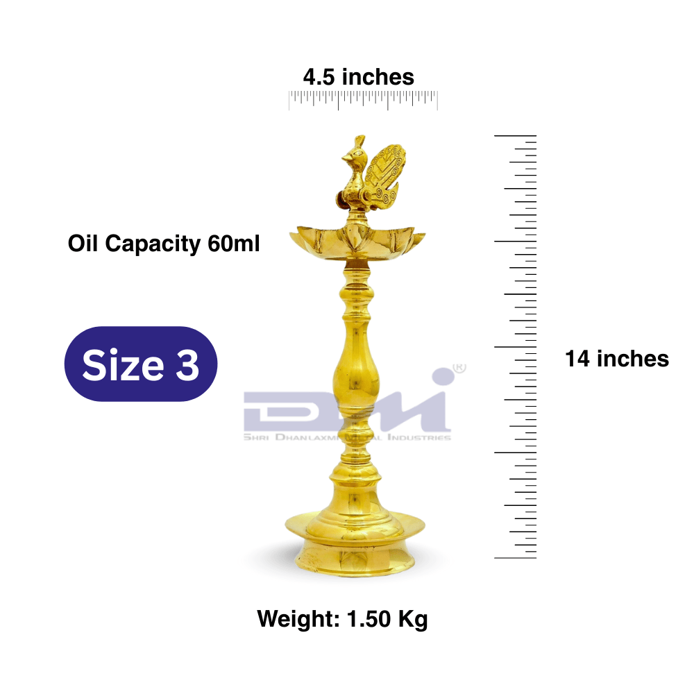 7 Faced Ethnic Brass Samai – Mayur Design at Centre, Plain Pattern (14 Inches) – Pair Size No.3 - Image 2