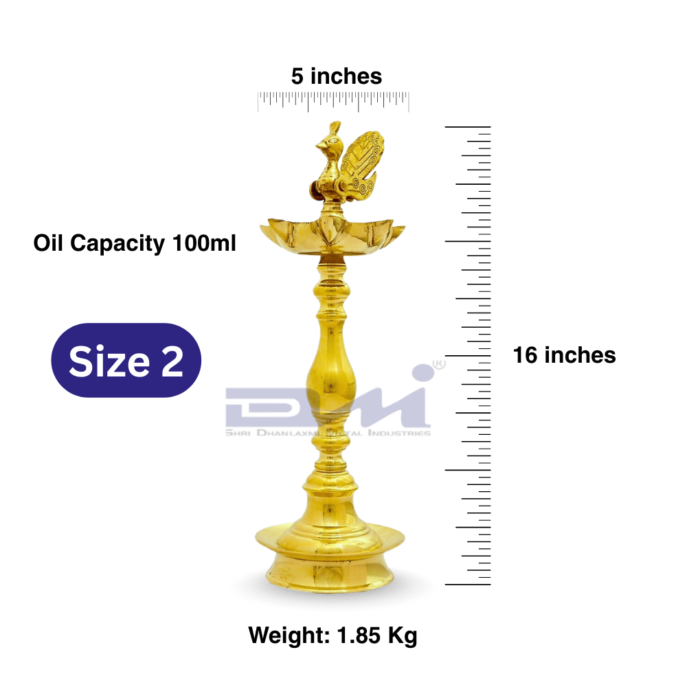 7 Faced Ethnic Brass Samai – Mayur Design at Centre Plain Pattern (16 Inches) – Pair Size No.2 - Image 2