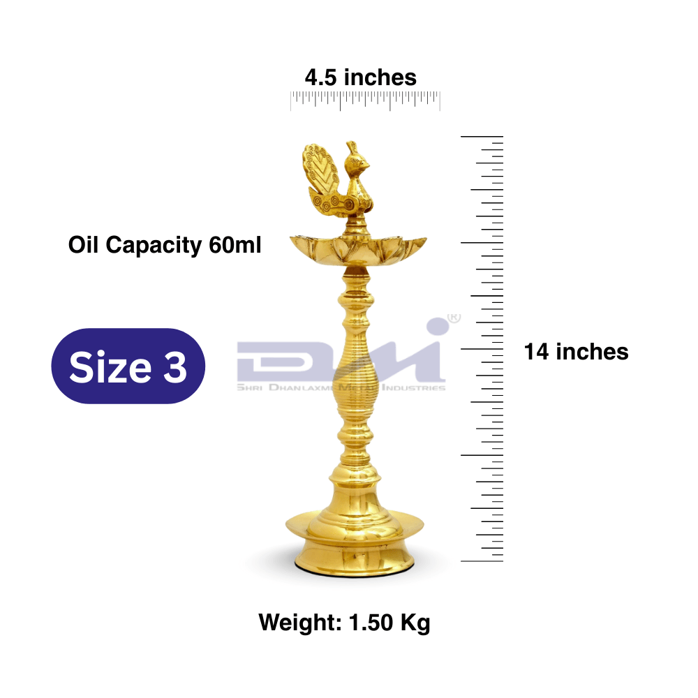 7 Faced Brass Mayur Design Samai / Peacock Design Samai (14 Inches, Lined Pattern) – Size No.3 - Image 2