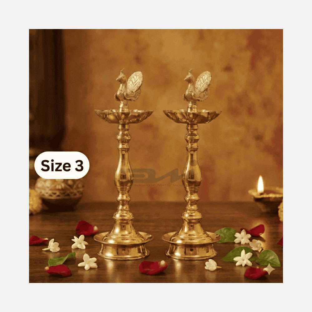 7 Faced Ethnic Brass Samai – Mayur Design at Centre, Plain Pattern (14 Inches) – Pair Size No.3