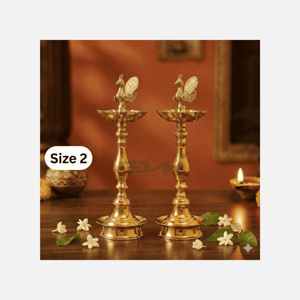 7 Faced Ethnic Brass Samai – Mayur Design at Centre Plain Pattern (16 Inches) – Pair Size No.2