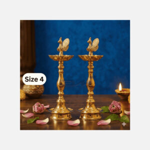 7 Faced Ethnic Brass Samai – Mayur Design at Centre, Plain Pattern (12 Inches) – Pair Size No.4