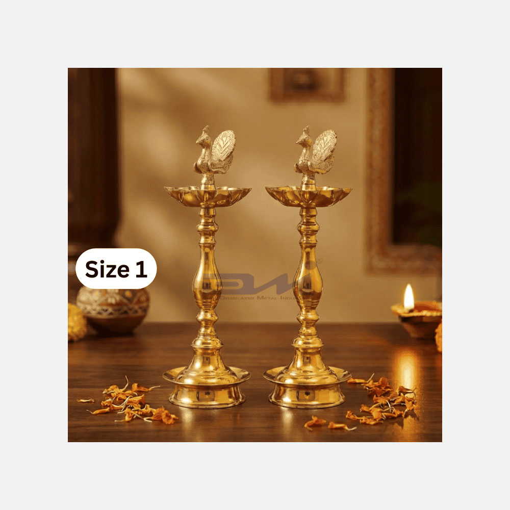 7 Faced Ethnic Brass Samai – Mayur Design at Centre Plain Pattern (18 Inches) – Pair (Size No.1)
