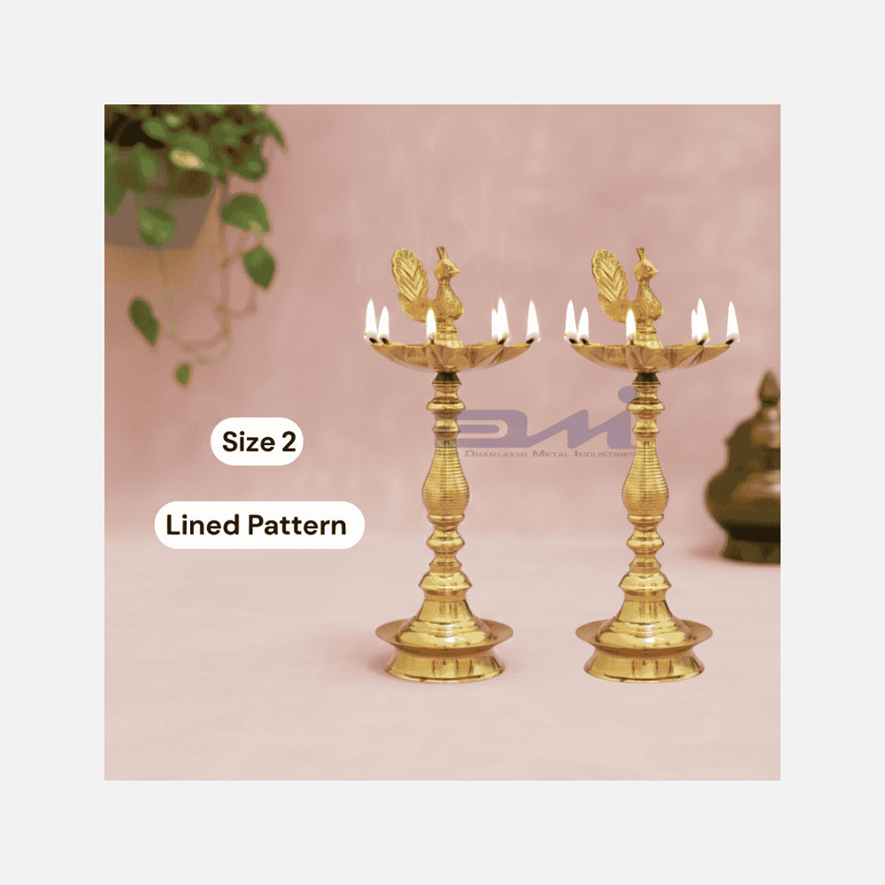 7 Faced Brass Samai – Mayur Design (16 Inches) Lined Pattern – Pair (Size No.2)