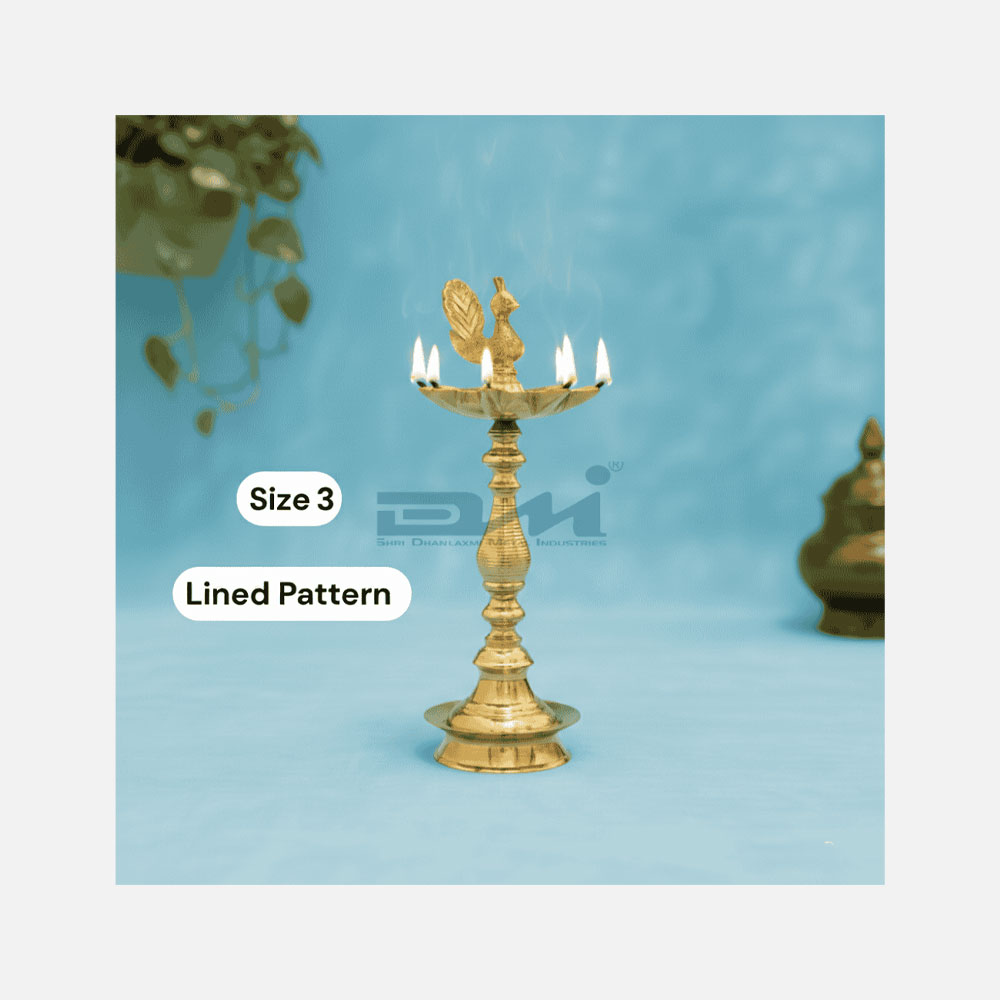 7 Faced Brass Mayur Design Samai / Peacock Design Samai (14 Inches, Lined Pattern) – Size No.3