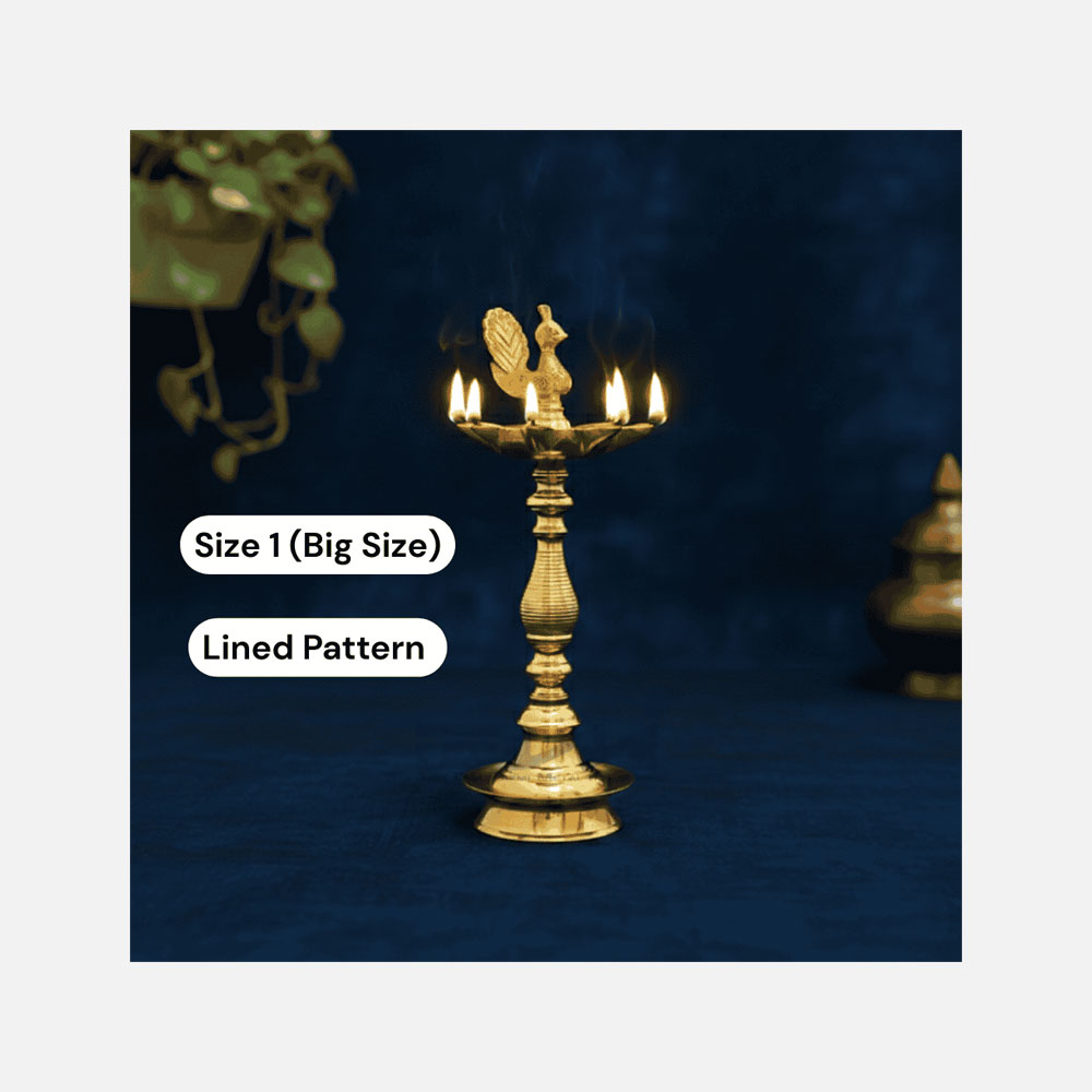 7 Faced Brass Mayur Design Samai / Peacock Design Samai (18 Inches, Lined Pattern) – Size No.1