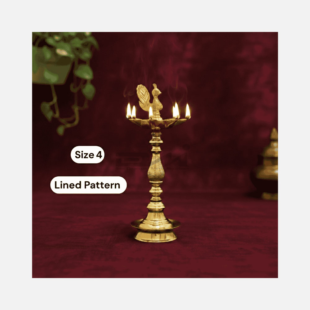 7 Faced Brass Mayur Design Samai / Peacock Design Samai (12 Inches, Lined Pattern) – Size No.4