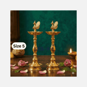 7 Faced Ethnic Brass Samai – Mayur Design at Centre, Plain Pattern (10 Inches) – Pair Size No.5